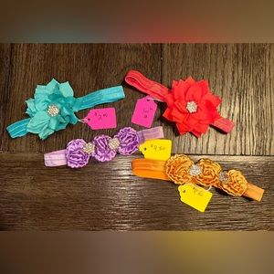 NWT Handmade Flower Headbands x 4 Infant Baby Child Girl Elastic Band Gemstones